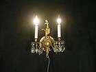 Vintage Embossed Bronze Wall Sconce Two Light Fixture w Crystal Prisms