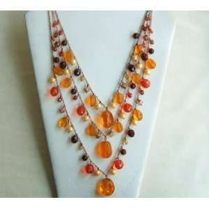  Orange Three Strands Beads Necklace with Extension Arts 