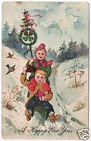 OLD NEW YEAR POSTCARD CHILDREN SLEDDING SNOW HILL BIRDS  