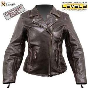 Ladies Braided Classic Retro Brown Buffalo Leather Jacket Sz L  