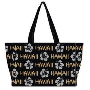 Hawaiian Canvas Tote Bag Robin Ruth Black Gold Silver Hibiscus Medium 