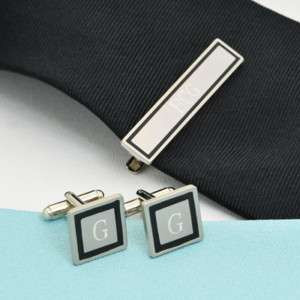 Personalized Square Black Border Cuff Links & Tie Clip  