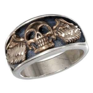  Sterling Silver Mens Bronze Skull with Wings Ring Jewelry