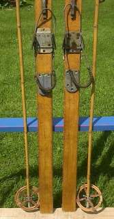VINTAGE Wooden Skis 87 Long + OLD Bamboo Poles ANTIQUE  