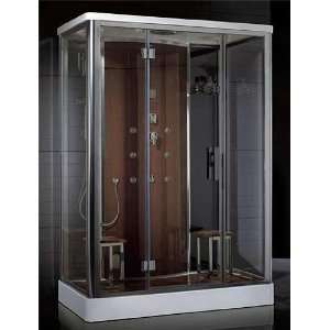 36 Steam Shower Enclosure with Wood Screen Shower Panel, Wood Floor 
